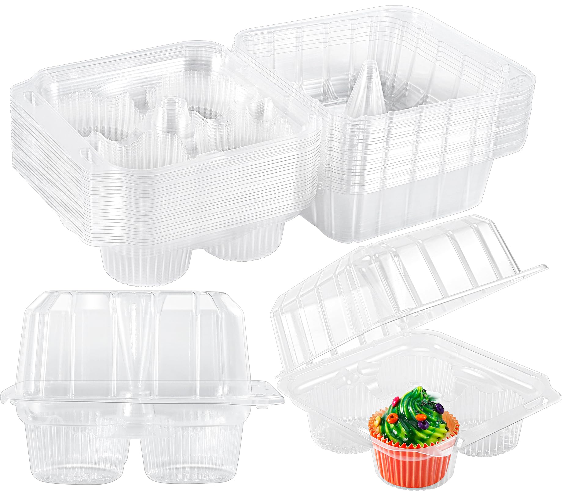 Vyndicca 20 Pack Plastic Cupcake Containers, 4 Compartment Cupcake Carrier, Clear Cupcakes Boxes Holders with Lids, 4 Cavity Stackable Disposable Cupcakes Carriers for Muffins Storage