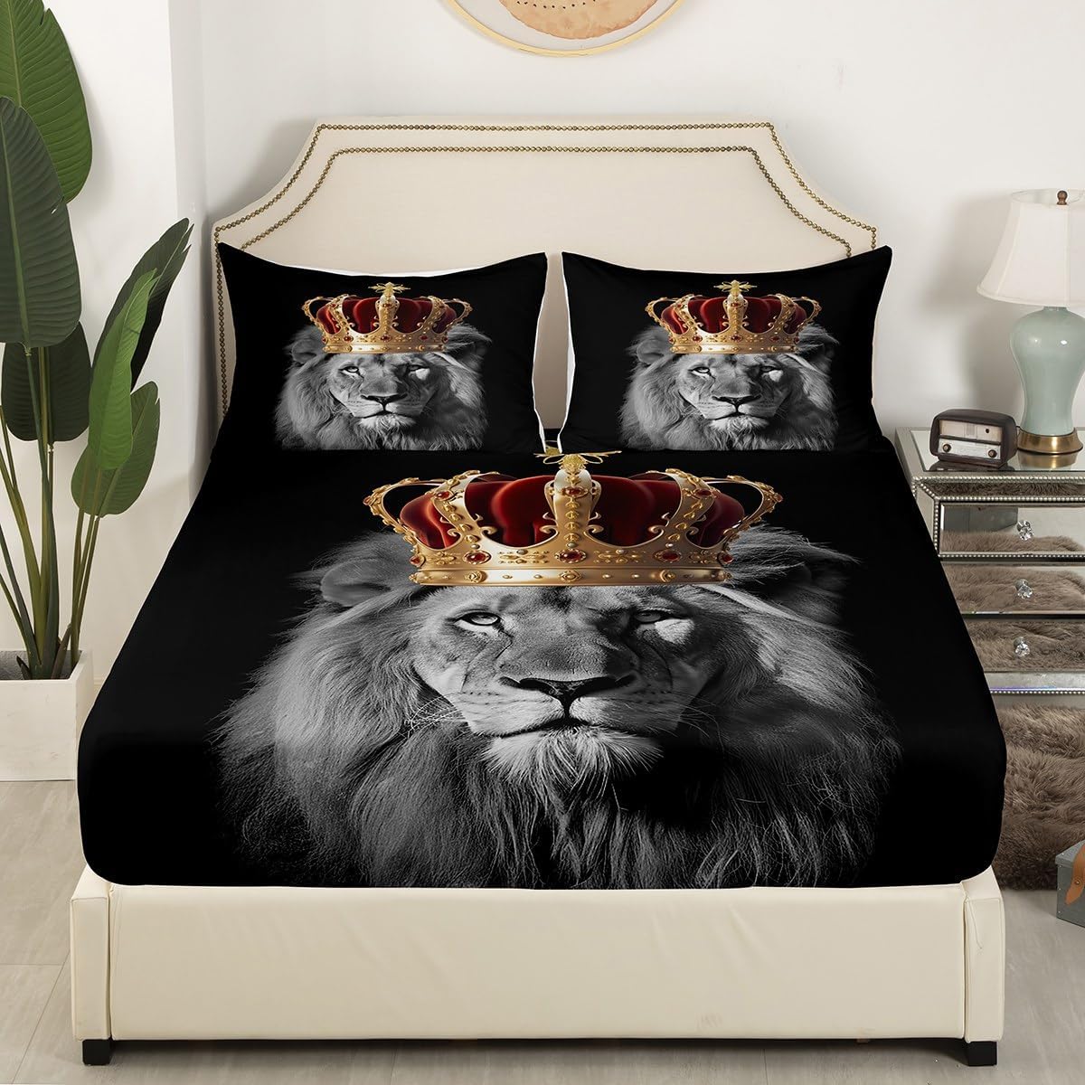 Wild Lion Bed Sheet Set King Size,Golden King Crown 3D Wildlife Deep Pocket Fitted Sheet,1 Flat,2 Pillowcases,African Tropical Animal Print Black Bed Mattress Cover, Bedroom Decor