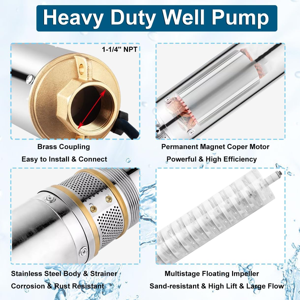 3" Deep Well Submersible Pump,3/4 HP, 230V, 60 Hz, 13 GPM, 247FT Max Head, Stainless Steel, Heavy Duty, M#05540