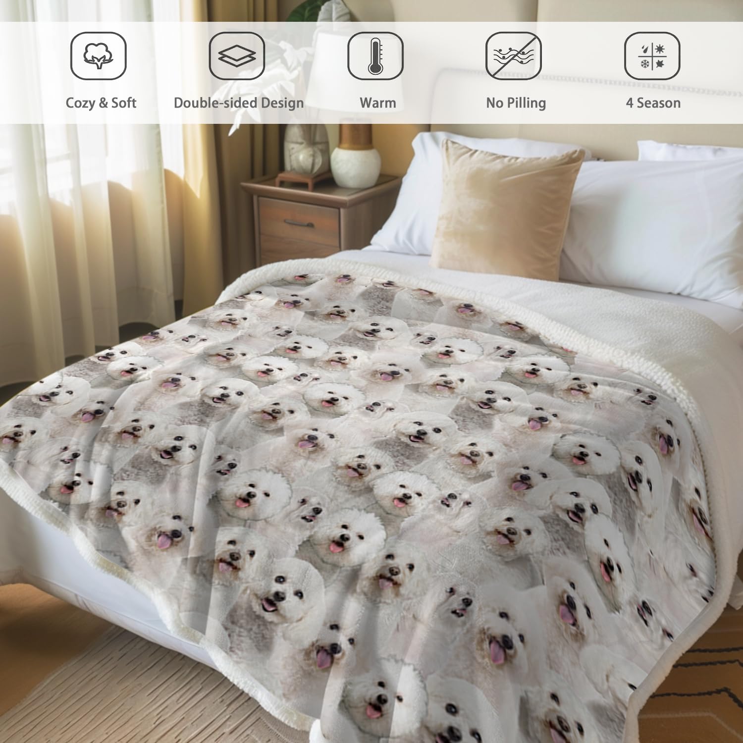 BlessLiving Bichon Frise Sherpa Fleece Throw Blanket 60