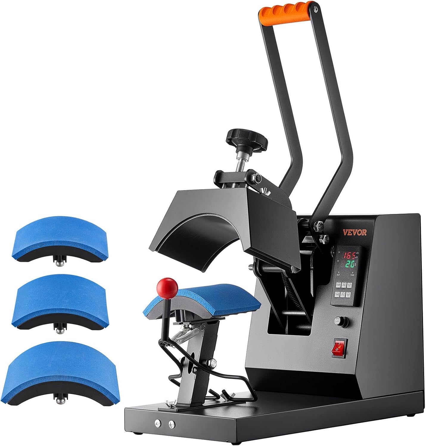 VEVOR 4-in-1 Heat Press Machine for Hats with 6x3inches Curved Teflon-Coated Heat Plate, Easy Temperature Control Non-Slip Base, Four Replaceable Elements 6x3/6.7x2.7/6.7x3.8/8.1x3.5inches