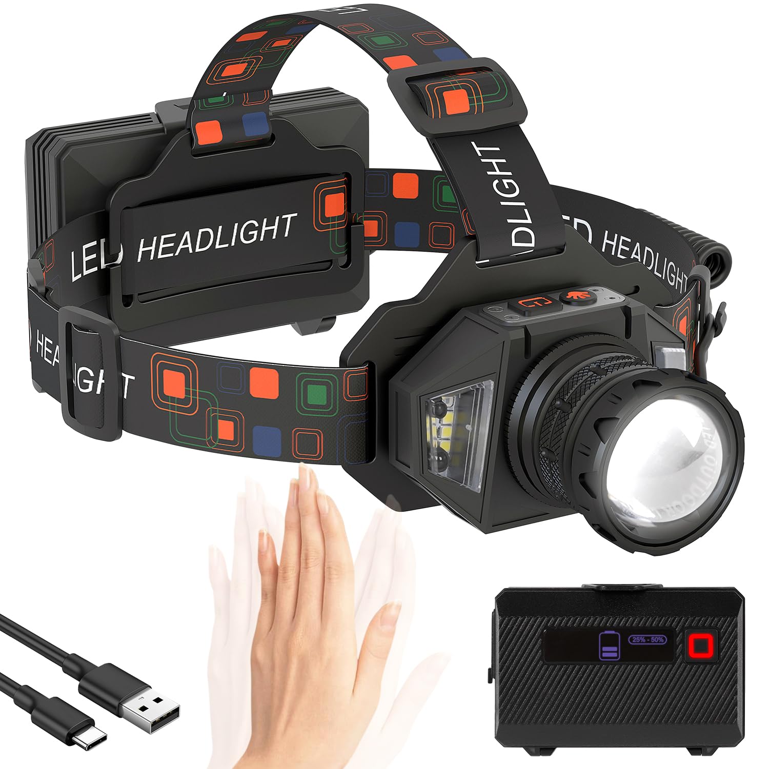 Linterna Frontal Súper Brillante, Linterna Frontal Potente con Sensor, Ajustable a 90° y 9 Modos de Luz, Extra largo de Autonomía, IPX4 Impermeable, Perfecta para Camping, Ciclismo, Pesca