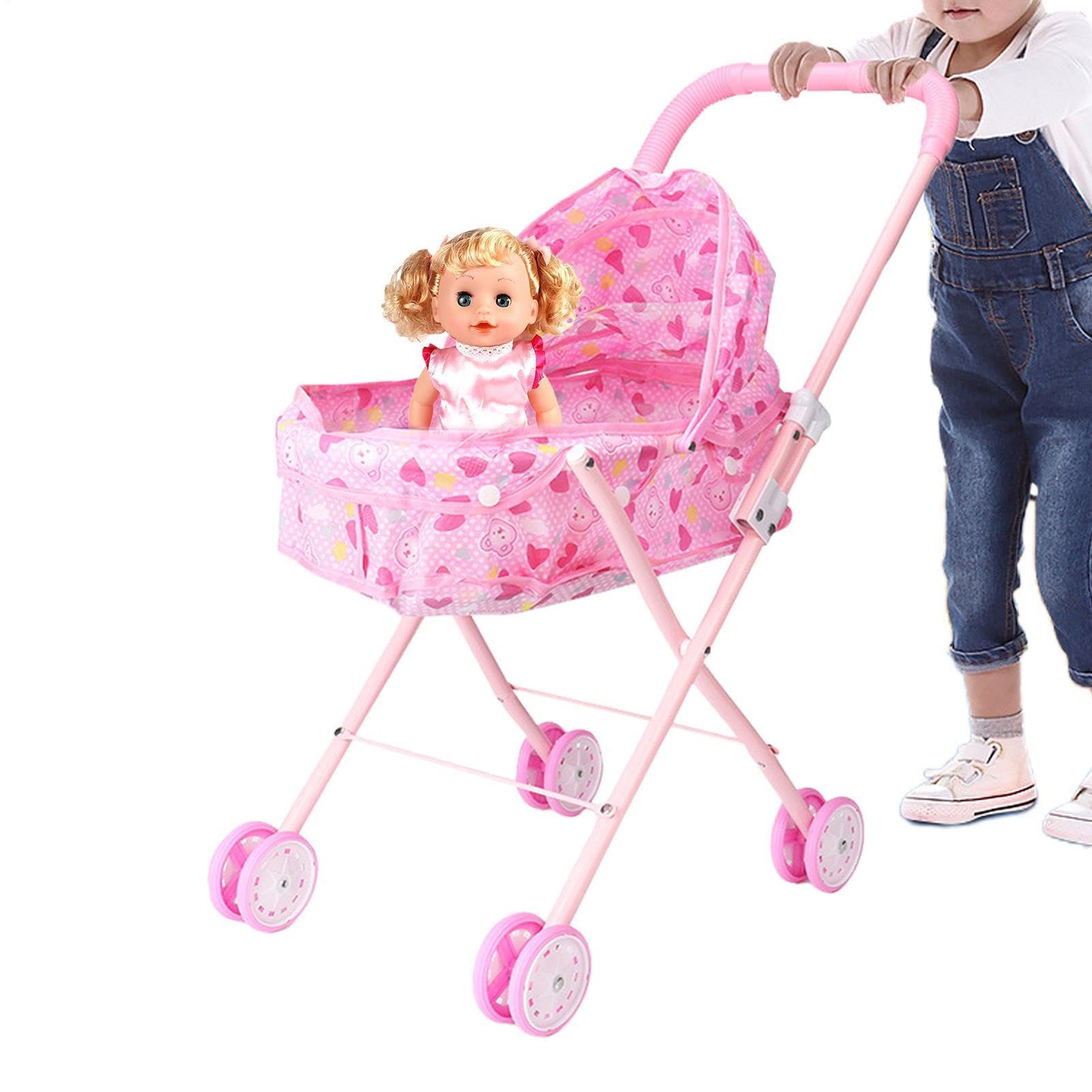 Babypuppenwagen, Puppenbuggy für Kinder, Puppenbuggy, Faltbarer und Leichter Puppenbuggy mit Korb, Puppenbuggy für Rollenspiele