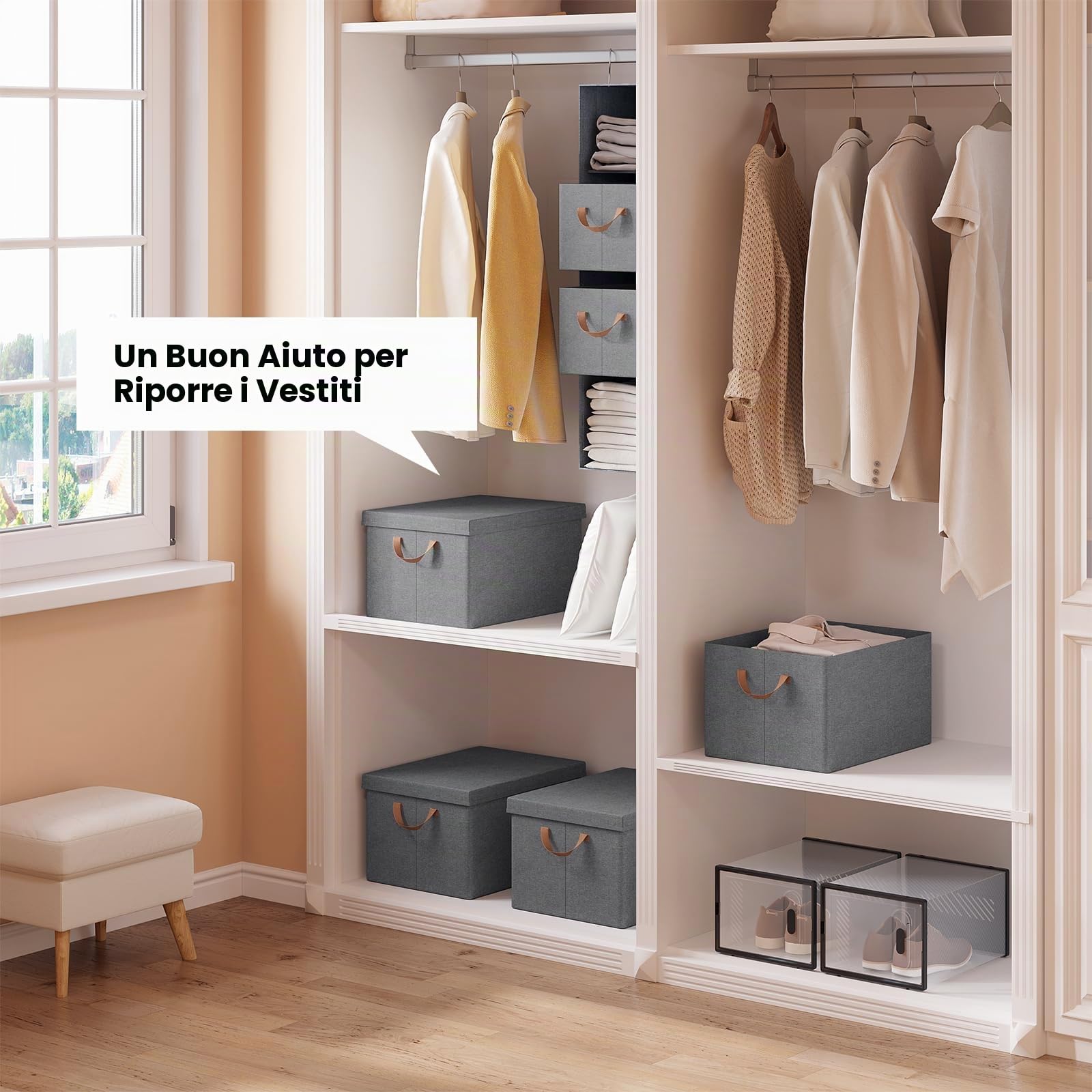 WOLTU Scatole portaoggetti in Tessuto 6 Pezzi, Contenitori pieghevoli con Coperchio e Maniglie, per Vestiti da Armadio, Grigio, 43x33x26cm