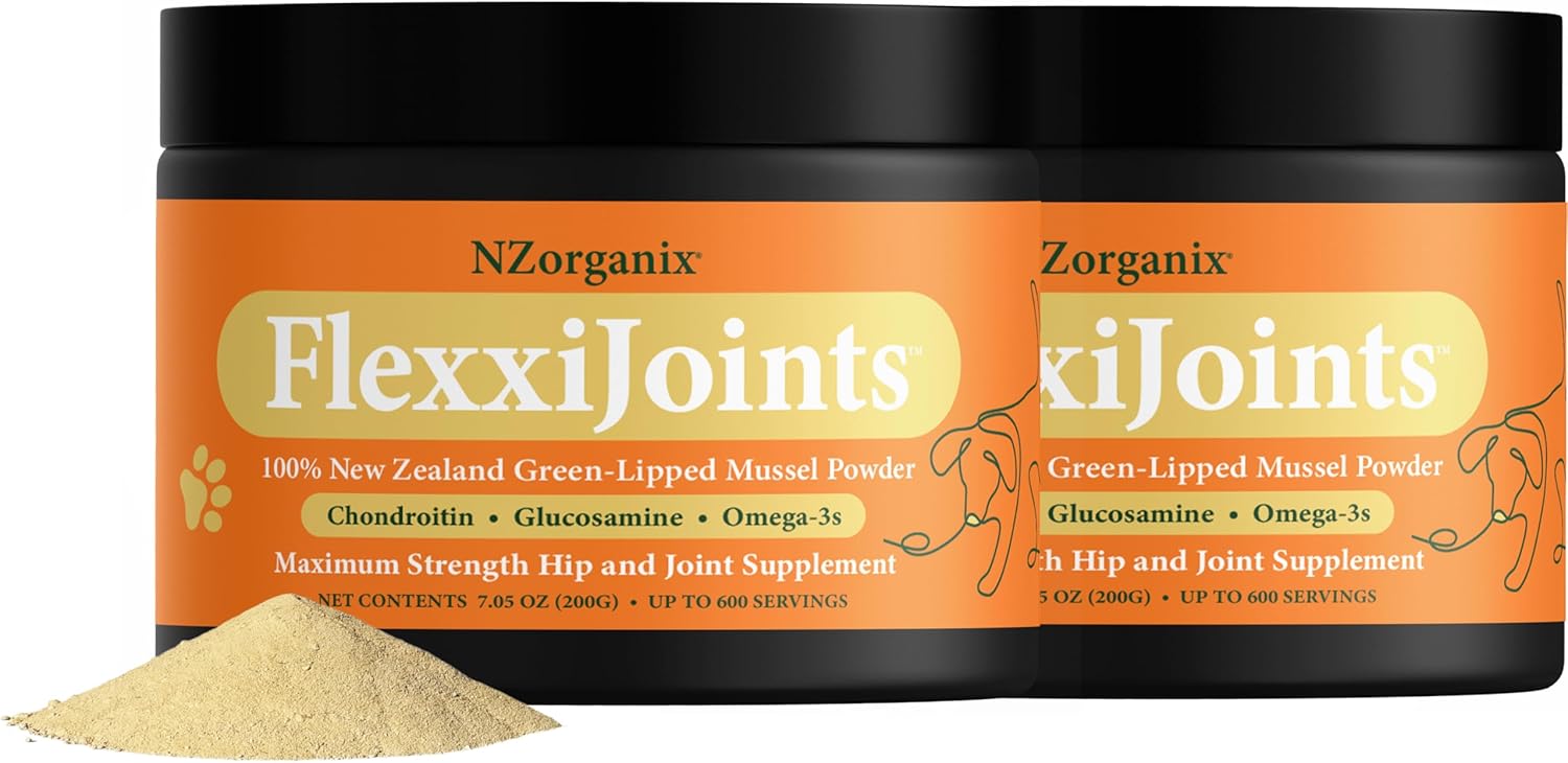 NZorganix FlexxiJoints 100% New Zealand Green-Lipped Mussel Powder, Hip & Joint Support Formula for Dogs & Cats, with Glucosamine, Chondroitin 400g (1200 Servings) 2-Pack