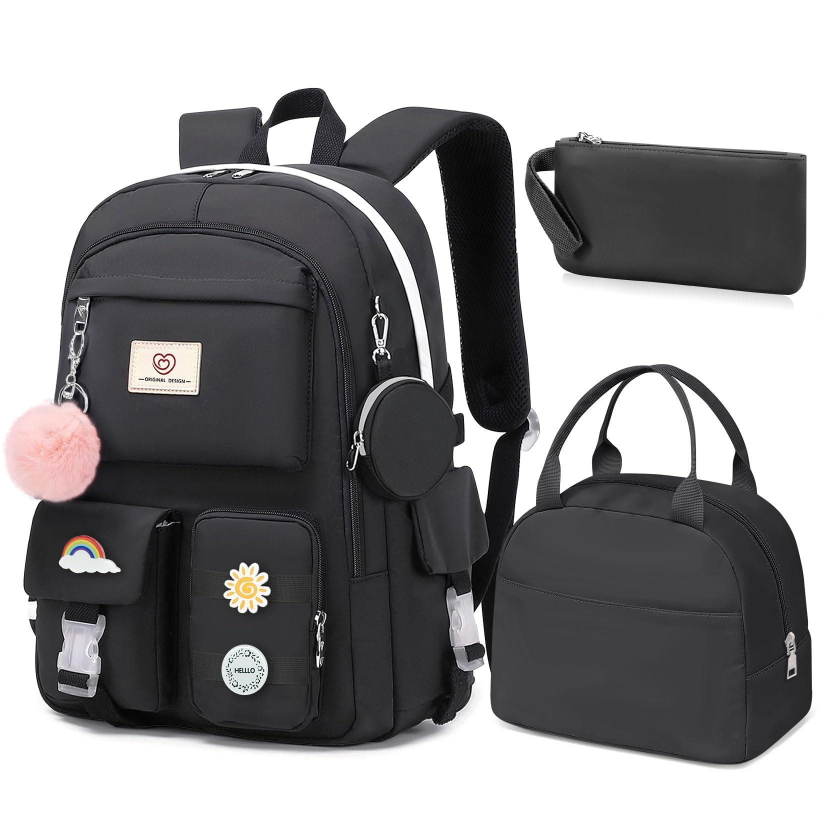 School Backpack For Girls - 6pcs Cute Girls Backpack With Lunch Box Set For Teens Women College Middle High School - 18″ School Bookbag Travel Back