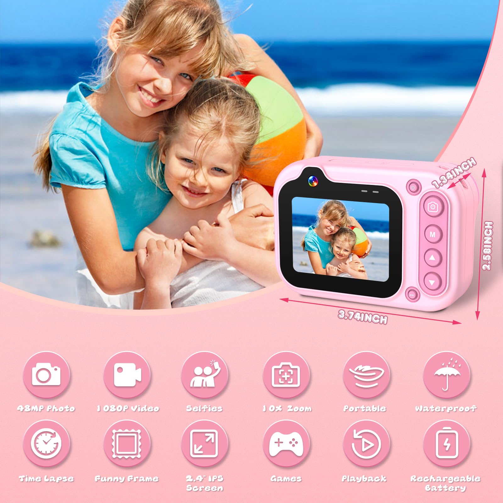Appareil Photo Numérique Etanche 10FT 1080P Full HD 26MP Caméra Étanche, 10X Zoom Numérique Camera Etanche pour Plongée en Apnée, Selfies sous-Marins, Natation, Plage, Parc Aquatique - Rose
