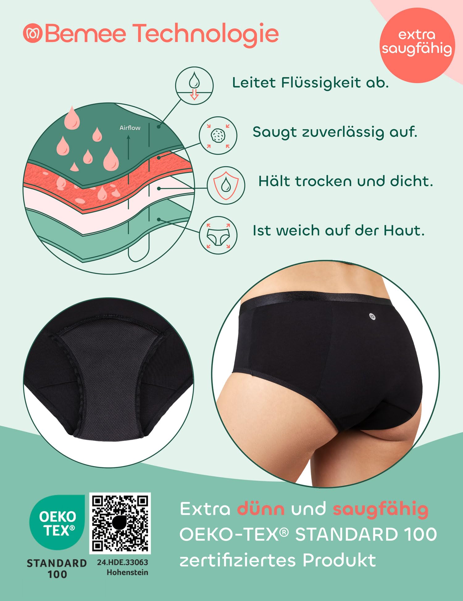 BeMee Nighttime Hipster Heavy Flow I Perioden-Unterwäsche für Starke Blutung I saugstarker & auslaufsicherer Hipster für die Nacht aus OekoTex zertifizierter Bambus-Viskose (schwarz,Größe XS bis XXL)