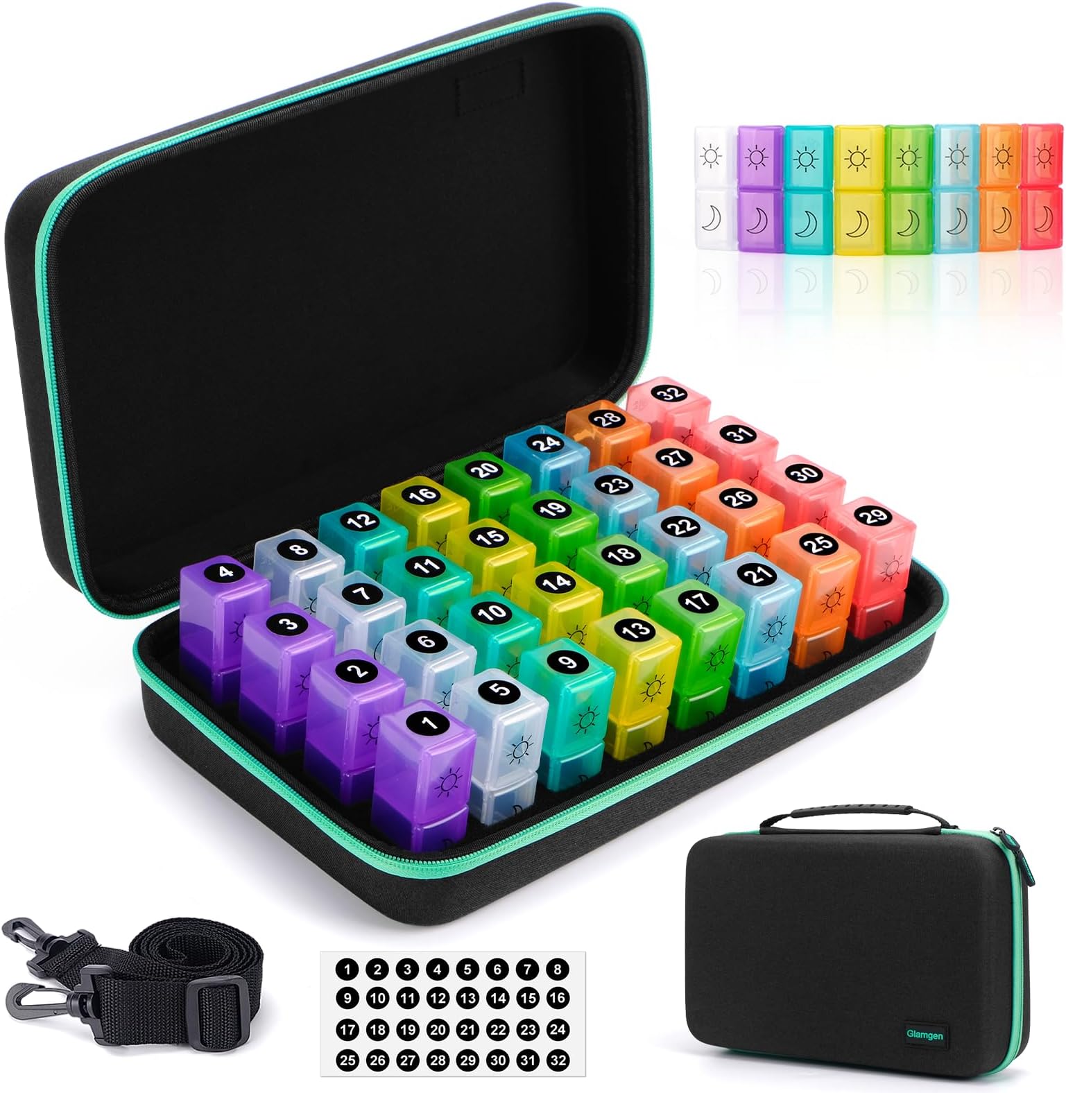 Monthly Pill Box Organiser 2 Times a Day, 32 Extra Large Daily AM PM Pill Box Organiser with Travel Hard Case, Medicine Storage Box Holds Supplements Vitamins, Fish Oils