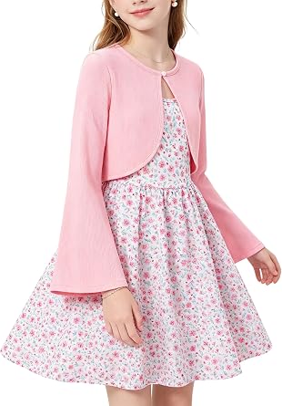 Girls Skater Dress 7-14Y Adjustable Strap Outfit with Flare Sleeve Cardigan