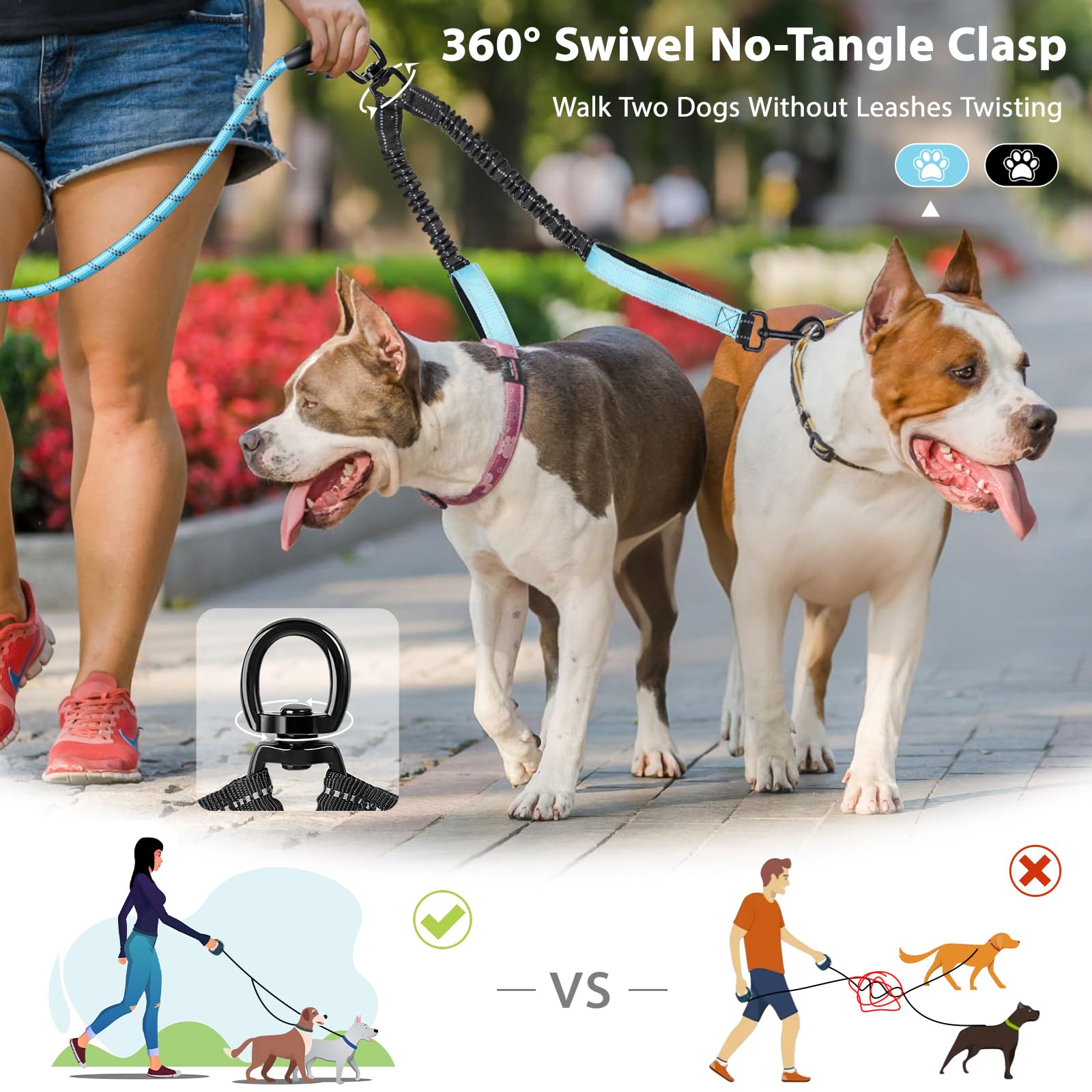 Double Dog Lead,Safety Handle Double Dog Lead for Walking 2 Dogs No Tangle,360° Tangle-Free,Thickened Design,Reflective,Double Dog Leash for Medium & Large Dogs(Black-L) - Image 2