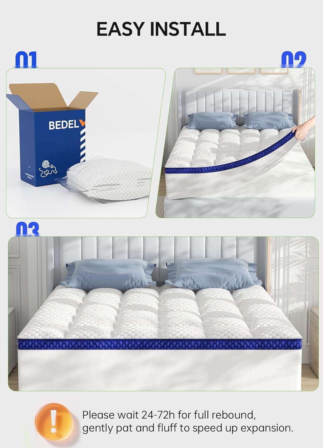 BEDELITE King Mattress Topper 3 Inch Thick Mattress Pad, Plush Pillow Top Bed Cover with Elastic Deep Pockets Up to 6-24 Inch for Pressure Relief, Shredded Memory Foam Filling