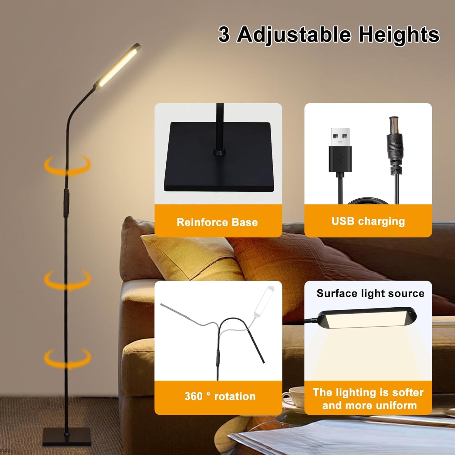 LED Floor Lamp for Living Room, Modern Standing LED Light, Adjustable Tall Floor Lamp for Bedroom Office Reading, Minimalist Standing Lamp with Soft Glow for Home Decor