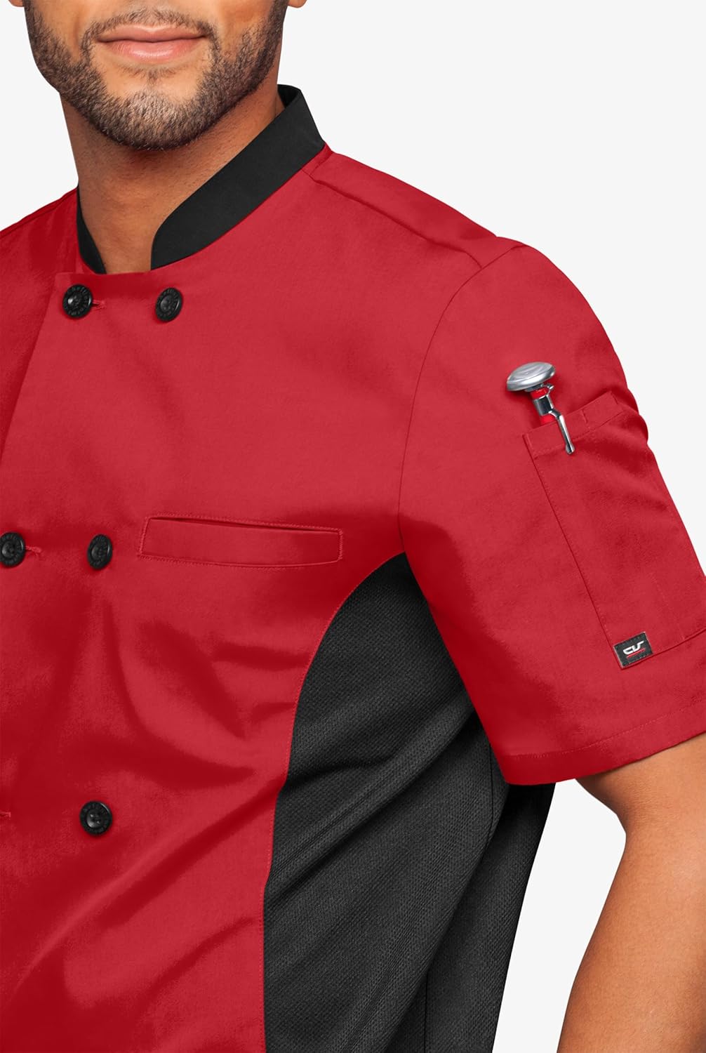 Men's Chef Coat Short Sleeve - Professional Chef Jacket with Breathable Mesh Side Panels & 2 Pockets for Culinary Essentials - Image 4