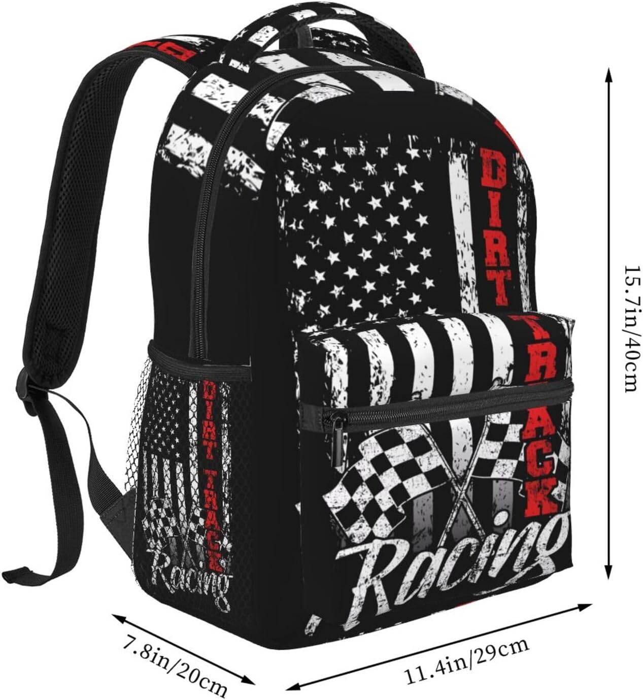American Flag Dirt Track Racing Car Bike Driver Racer Laptop Backpacks Double Shoulder Laptop Pack Bag Daypack Back Pack Bags Rucksack Computer Bag with Side Pockets Front Zipper Pockets - Image 2
