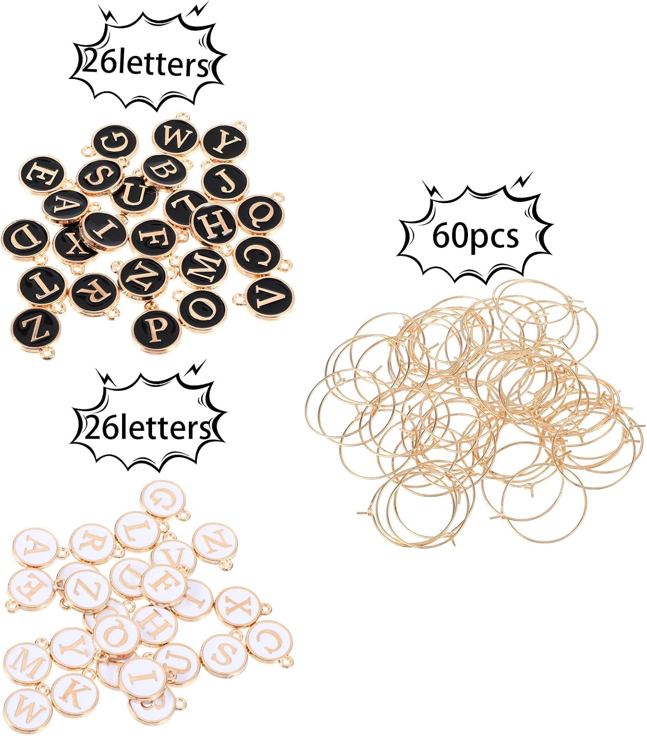 52 PCS Wine Glass Charms, Wine Charms for Stem Glasses Metal Drink Glass Identifiers Black & White Letter Beads Charm Enamel Initial Charm Drink Markers For Party Decorations Wines Cocktail