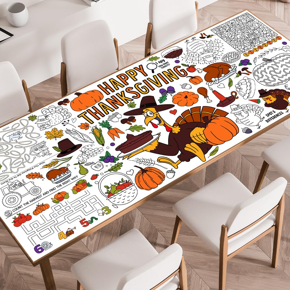 Thanksgiving Coloring Tablecloth 72x30 Inches - Giant Fall Activity Table Cover With Games For Kids