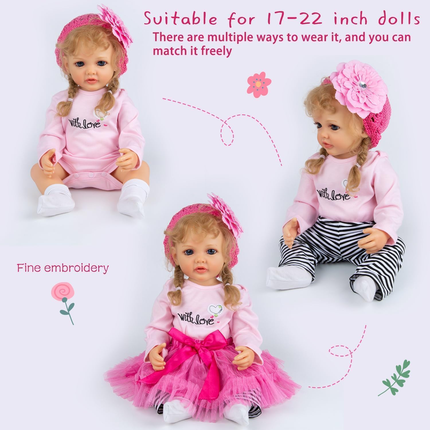 13 Pcs Reborn Baby Doll Clothes Accessories for 18-20 Inch Girl Newborn Baby Doll Clothes Pink Butterfly Backpack Accessories Doll Diaper Set Girl Gift Set