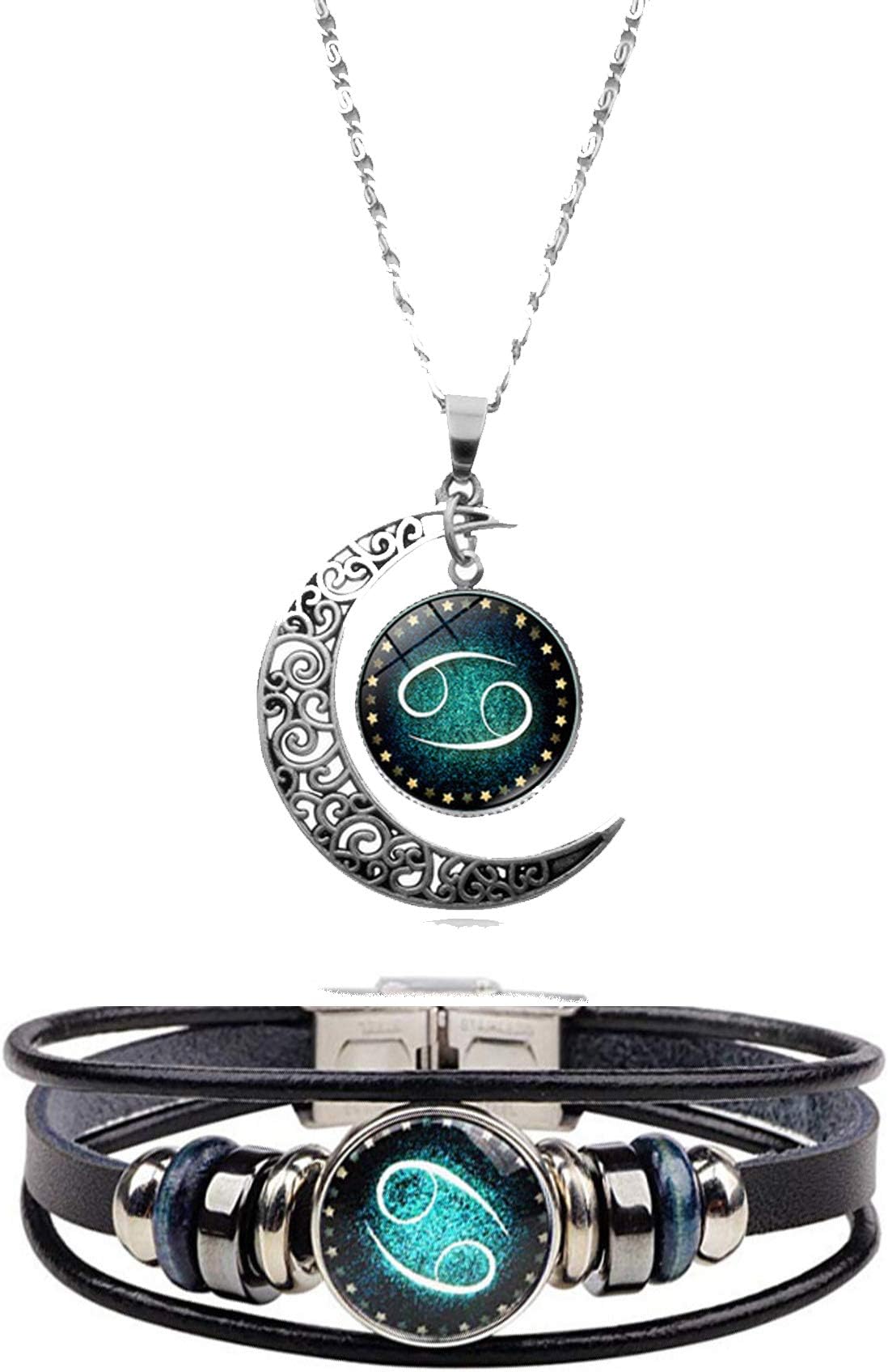 HUAHUACancer Necklace Bracelet Set for Men Moon Zodiac Pendant Necklace Cancer Bracelet for Boy Zodiac Cancer Necklace for Women
