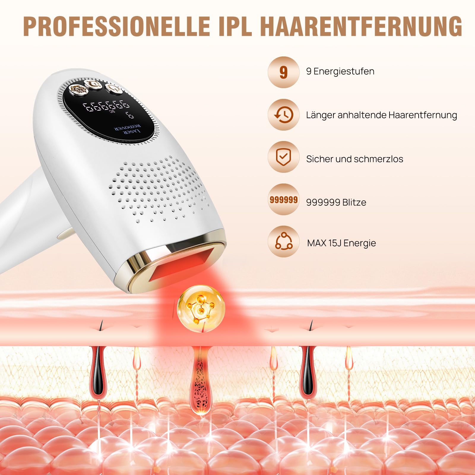 Laser Haarentfernung 3 Funktionen HR/SC/RA und 9 Energiestufen Schmerzlos Haarentfernung, Handgehaltenes Haarentfernungsgerät für Körper, Gesicht, Beine