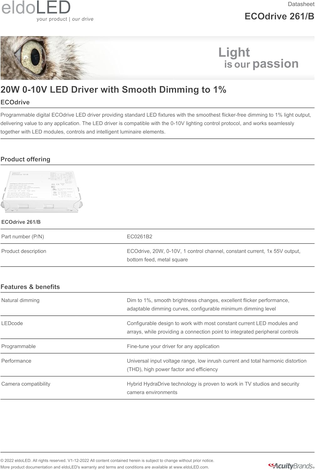eldoLED | ECOdrive 261/B - 20W 0-10V LED Driver with Smooth Dimming to 1%