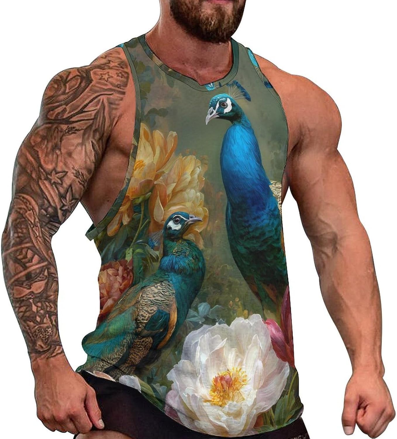 Peacock with Peony Flowers Men Tank Top Workout Shirt Muscle T Shirt 5XL