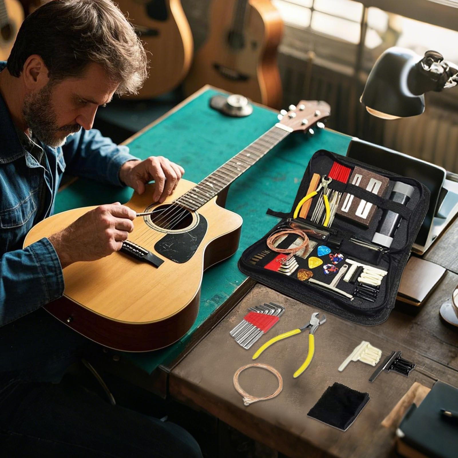 Kit di attrezzi per chitarra elettrica Set Cura Grandi Strumenti Corda, | Avanzato Estrattore Pioli Ponte, Proteggi Tasti Per Chitarre Acustiche Elettriche, Ukulele,