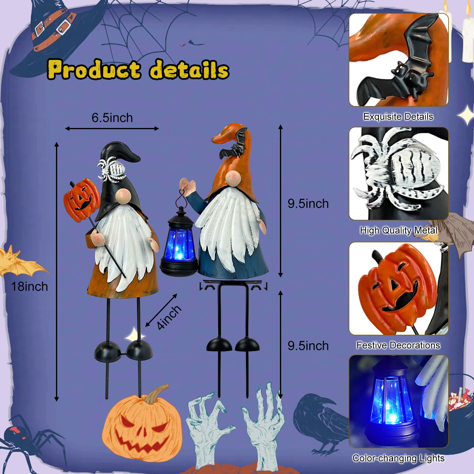 HONGLAND Metal Gnome Statues Set of 2 - Outdoor Year-Round Garden Yard Art Decor, Black&orange - Image 4