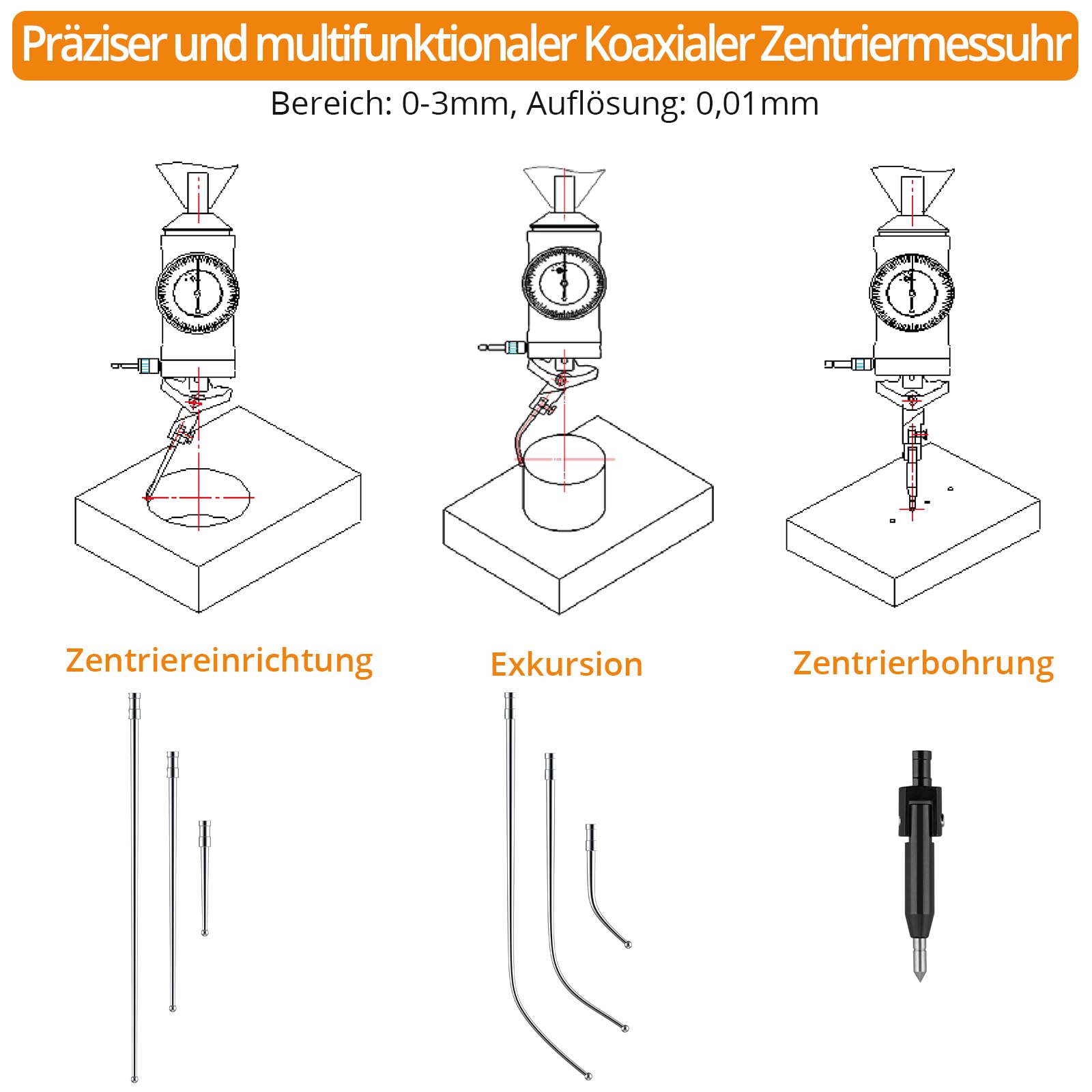 Neoteck Koaxiale Zentriermessuhr 0-3 mm/0,01 mm Messuhr-Set mit Aufbewahrungskoffer Genaue Co-Ax-Anzeige für das Testzifferblatt des Fräsmaschinenzentrums