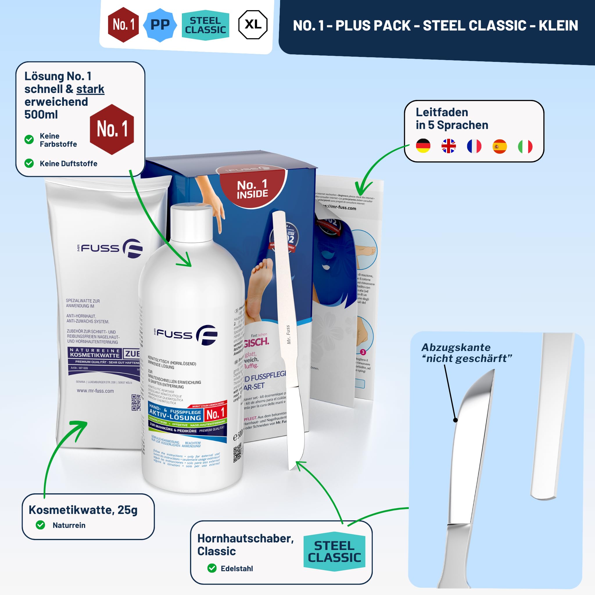 Mr. Fuss® No. 1 - Plus Pack Steel Classic per la cura dei piedi, per cuticole, confezione risparmio da 3 pezzi, soluzione attiva rapida e forte ammorbidente, standard, 200 ml, ovatta, raschietto per