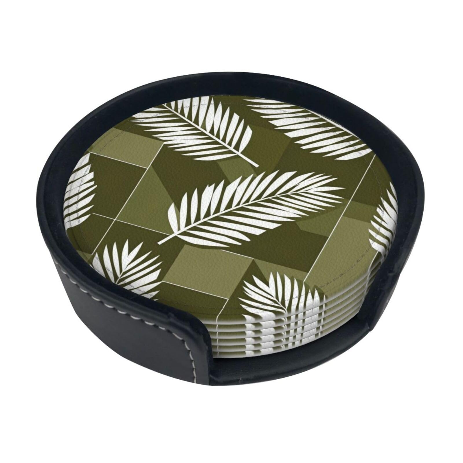 Cntdbu White Palm Leaf Leather Coasters Set Of 6-Pu Leather Drink Mats For Table, Heat Resistant Round Coasters With Holder