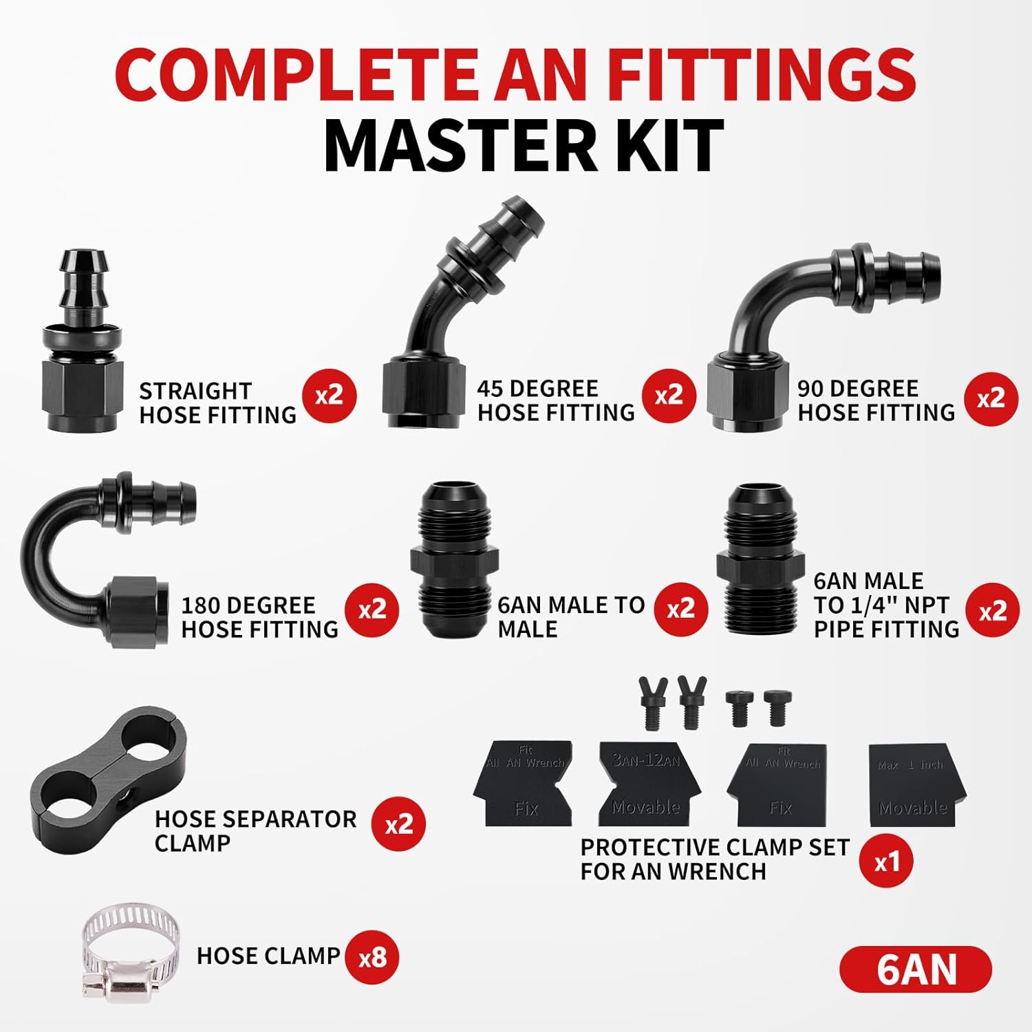 6AN Push Lock Fitting Kits, 0 45 90 180 Degree Fittings with AN6 Male to Male Coupler & 6AN Male Flare to 1/4" NPT fittings & AN Wrench Protector for NBR Rubber Push Lock Hose