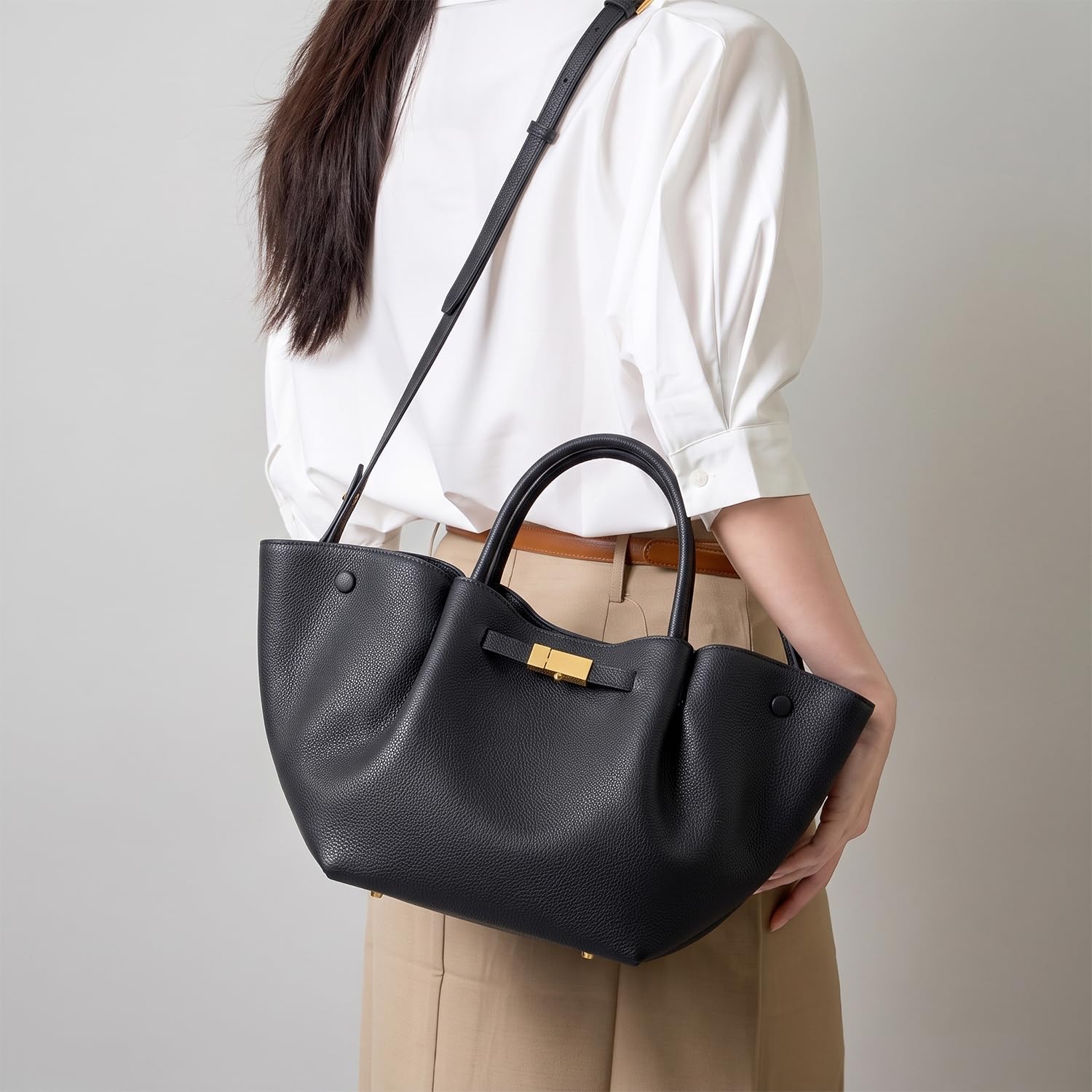 Bolso Dumpling de Cuero Genuino para Mujer Bolso de Mano Gran Capacidad Elegante Bolso Hobo Media Luna para Trabajo Oficina y Diario Negro