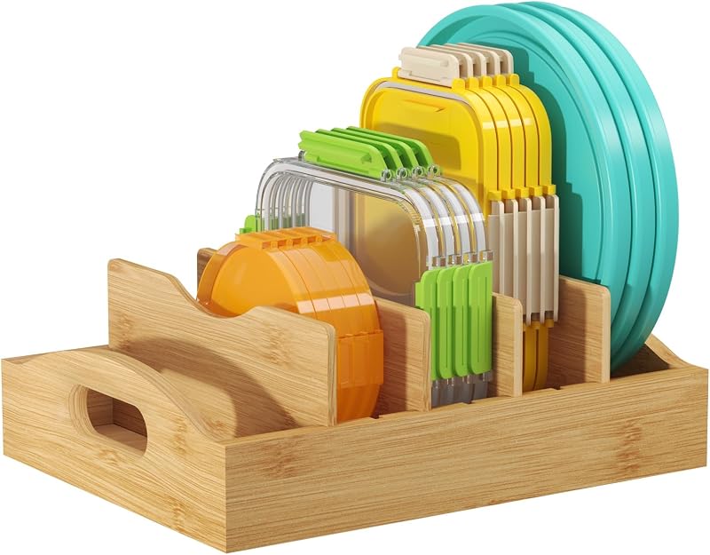 Lifewit Bamboo Lid Organizers for Inside Cabinet with 5 Sections | Food Container Lid Holder with 4 Adjustable Inserts, Kitchen Pantry organizer and storage, 10.6" X 8.3", Natural