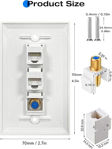 Vista 4 de Placa de pared coaxial Ethernet, 2 puertos Cat6 Keystone hembra a hembra, 1 puerto tipo F conector coaxial Keystone placa de pared - Blanco