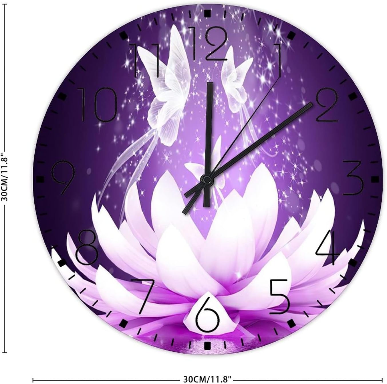 Wooden Wall Clock Analog Round Non-Ticking White Lotus' Flower Butterfly Frameless Wall Clocks Floral Meditation Oil Painting Home Decor for New Home Living Room Conference Room 12 Inch