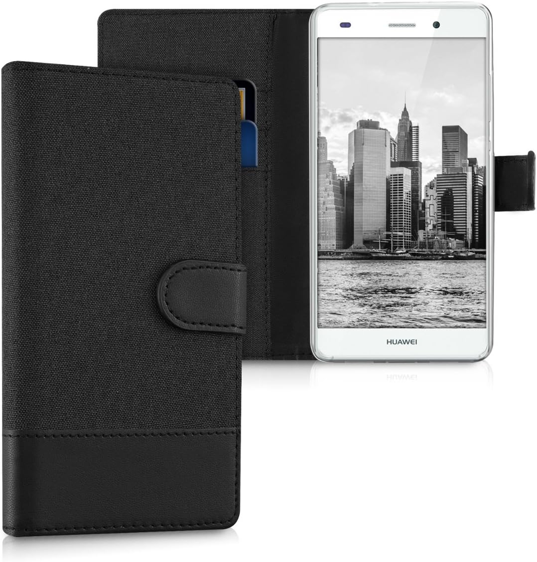 kwmobile Wallet Case Compatible with Huawei P8 Lite (2015) - Case Fabric and Faux Leather Phone Flip Cover - Anthracite/Black