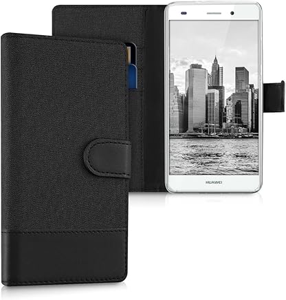 kwmobile Funda para Huawei P8 Lite (2015) - Carcasa de Tela y [Cuero sint?tico] - con Tapa y [Tarjetero] [Antracita/Negro]