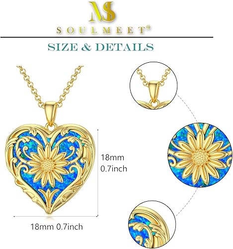 Miniatura 5 de SOULMEET Collar con medallón de ópalo, ábala, concha de perla, malaquita con forma de corazón de girasol, que sostiene fotos y fotos You Are My