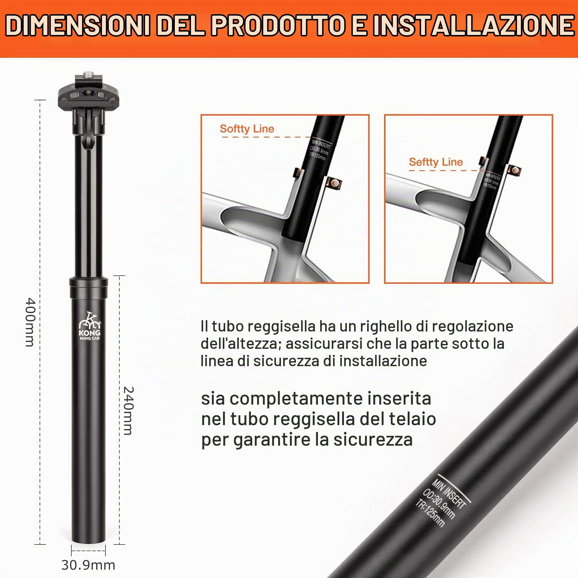 Canotto reggisella Dropper 27,2 / 30,9 / 31,6 mm × 400 mm – 125 mm Hub – leggero in alluminio telescopico con sistema di cartridge & morsetto per MTB / eBike / BMX