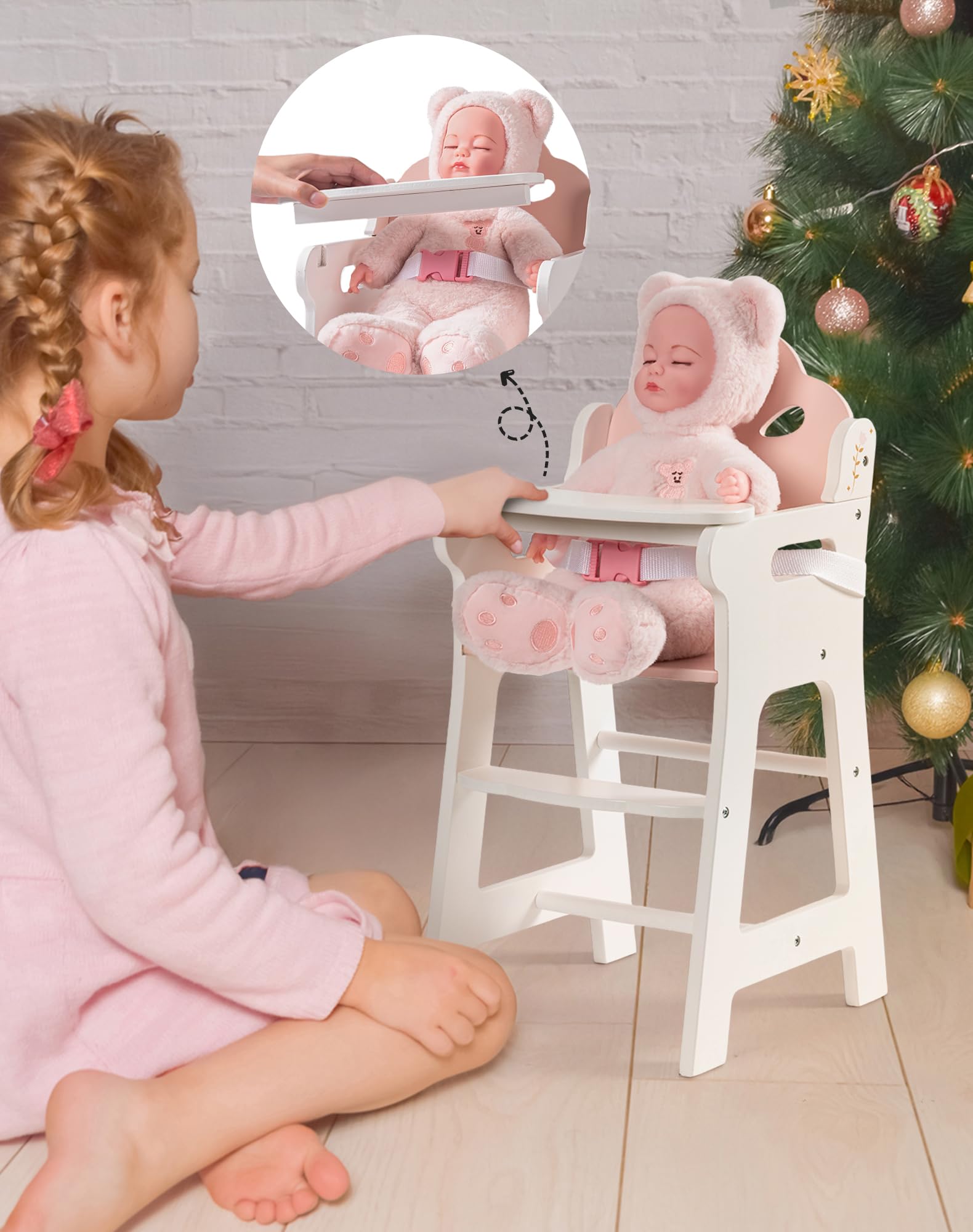 ROBUD Silla Alta para Muñecas, Silla Alta de Madera para Jugar con Cinturón de Seguridad Ajustable, Robusto Mueble para Muñecas con Tablero Movible, Apto para Muñecas de hasta 18 Pulgadas, Blanco