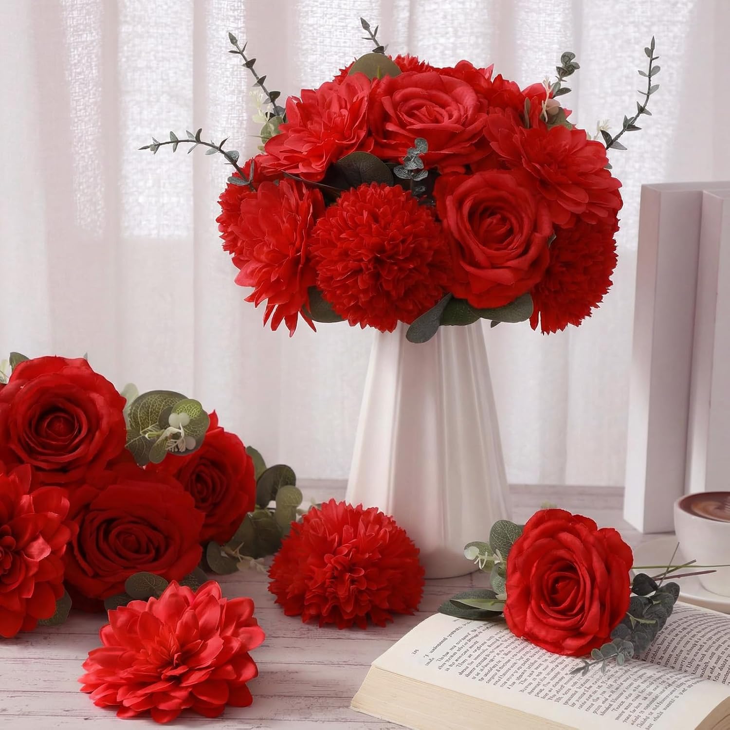 98 Pcs Artificial Flowers Bouquet Assorted Faux Flowers Heads with Stem Eucalyptus Leaves Silk Floral Table Centerpiece for DIY Wedding Party Wreath Home Decor(Red Color)