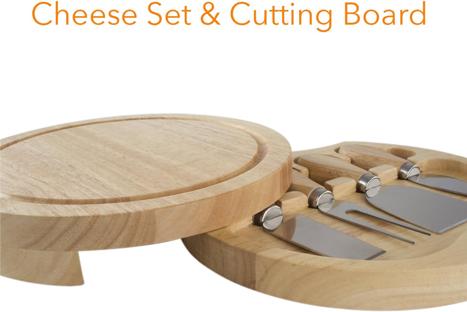 Gourmet 5 Pcs Travel Cheese Board Set with Charcuterie Board - Hard Cheese Knife, Shaver, Fork & Spreader - 8" Round Cheese Board Set with Slide-Out Drawer & Cheese Tools