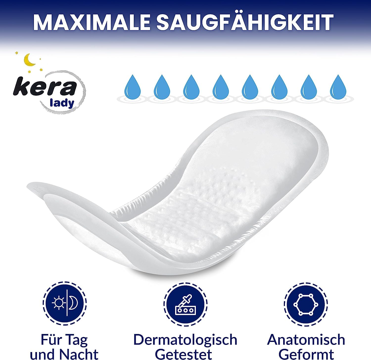 KERA® Inkontinenzeinlagen für Damen extra stark – MAXI saugstarke Hygieneeinlagen für Damen bei mittlerer bis starker Blasenschwäche – diskrete Inkontinenzeinlagen für die Nacht (3 x 16 Stück)