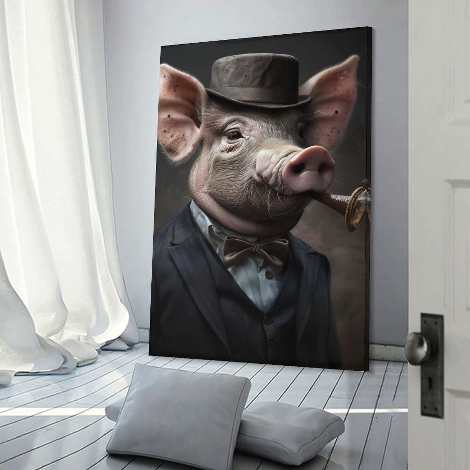 Junmoney Frame-Style-6 Pig In A Suit Smoking A Cigar Wall Picture Print 16X24inch(40X60cm), For Lounge Decor, Offices Or Entryway Styling, Versatile Wall Decor For Many Rooms