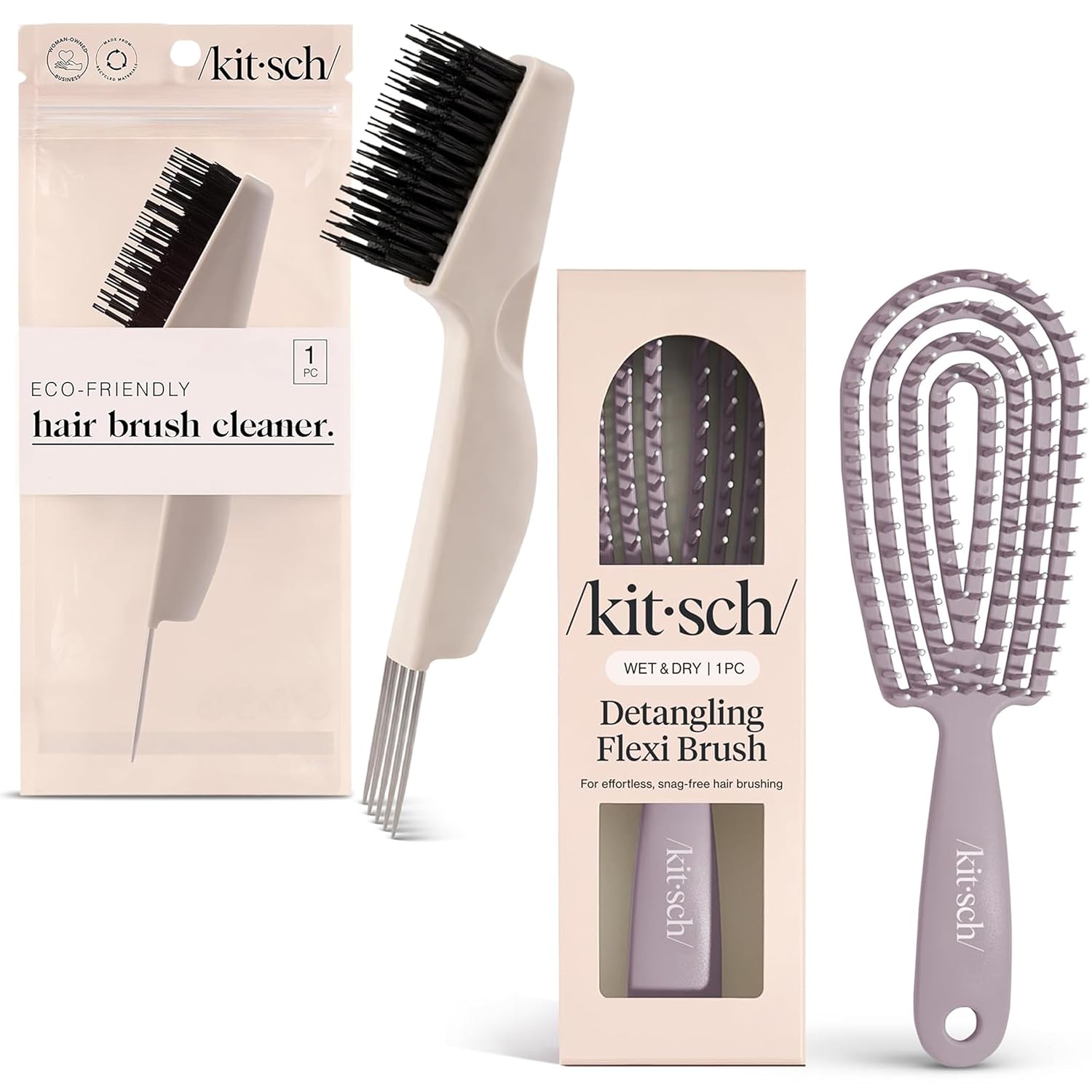 Soft Violet Flexible Detangling Hair Brush & Brush Cleaner Bundle – Gentle Knot Removal, Scalp Massage & Easy Brush Cleaning for All Hair Types