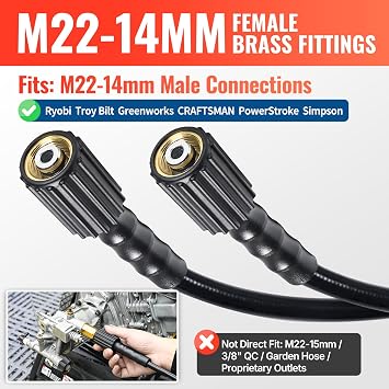 YAMATIC Pressure Washer Hose 50 FT 1/4, 3200 PSI, M22-14mm Females | Kink-Resistant Hose With Solid Brass Fittings Replacement For Ryobi Greenworks Troy-Bilt Craftsman, Black