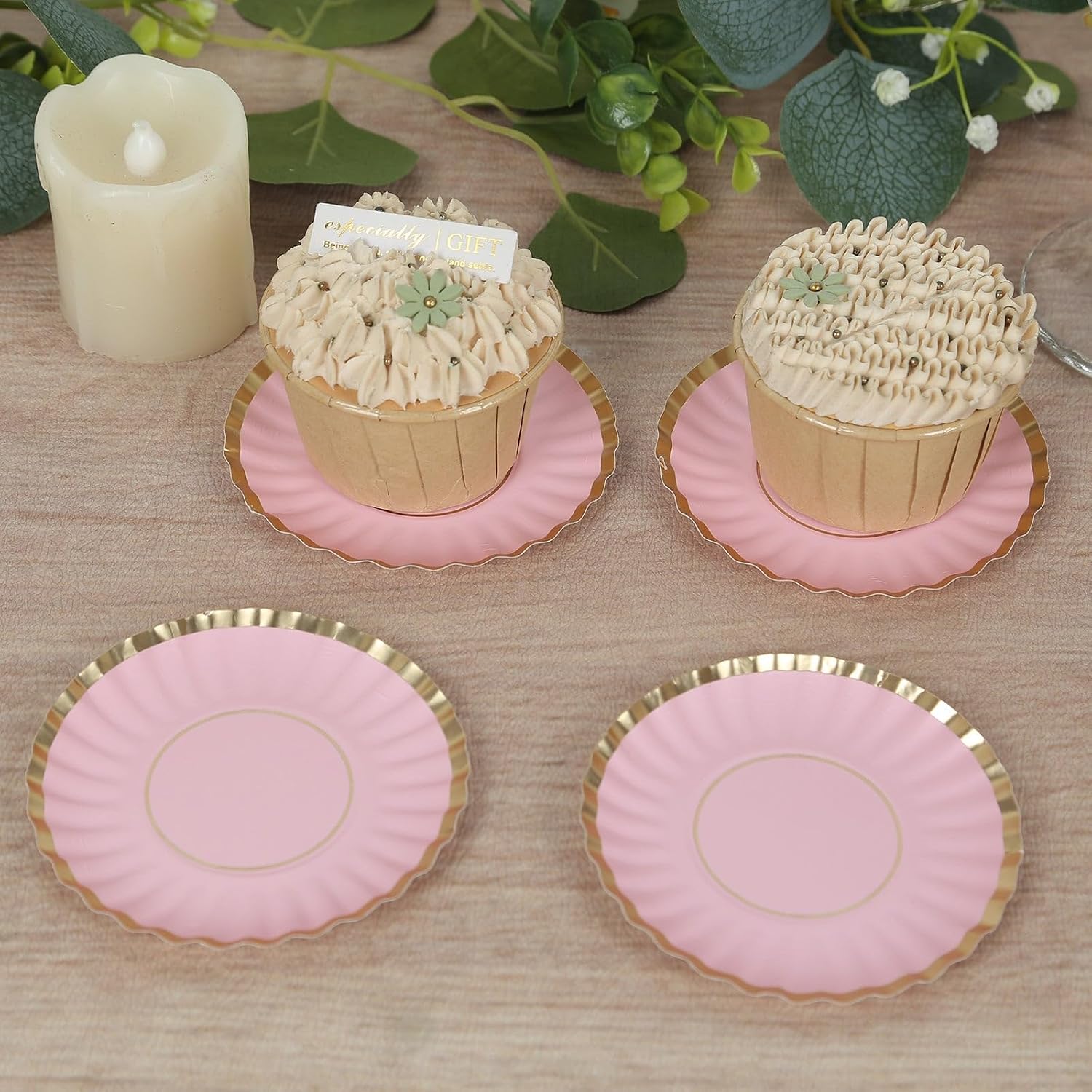 Efavormart 50-Pack 3.5" Blush Mini Paper Plates with Gold Scalloped Rim - 250 GSM Tasting Dessert Plates for Romantic Bridal Showers