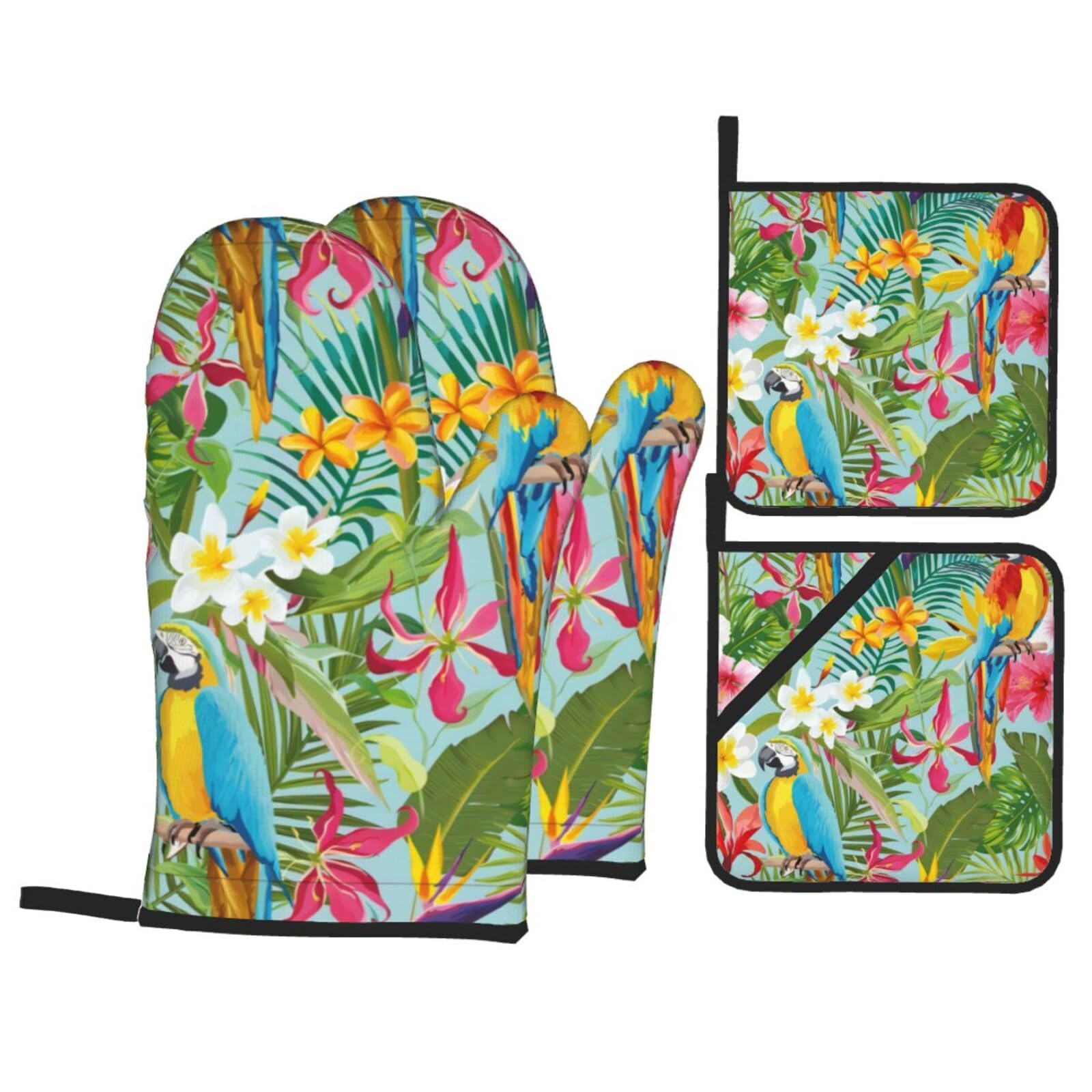 YYHHAOFA Tropical plants and parrots Prints Kitchen Baking Set with Heat Resistant Pot Holders & Oven Mitts - Waterproof Layers for Cooking, Grilling & Serving, Includes Pocket Layer