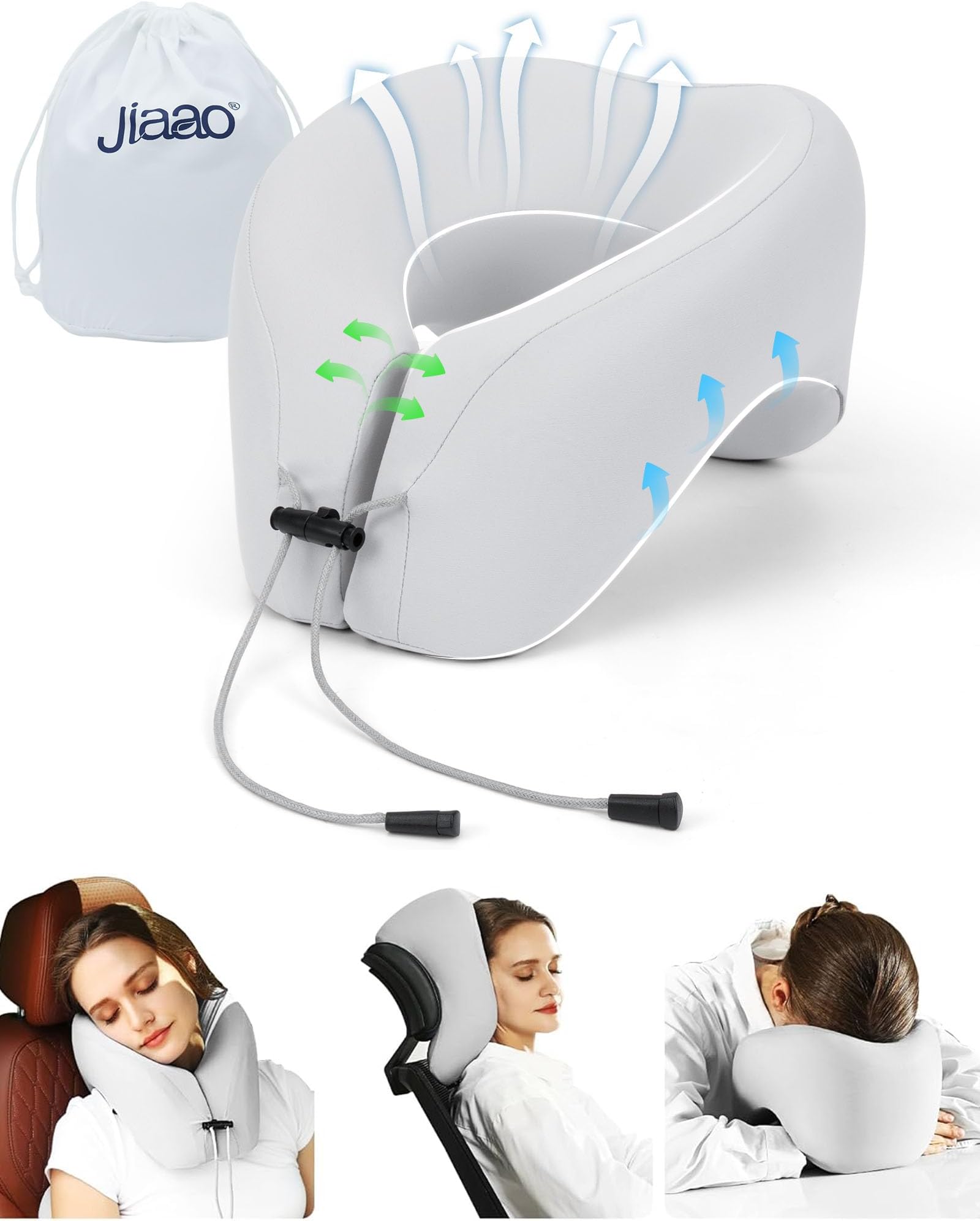 Neck Pillow Airplane with 360-Degree Head Support, Memory Foam 2-in-1 Travel Pillow, Portable Adjustable Neck Pillow for Airplane, Car, Train, Bus Trip and Home Use-Grey